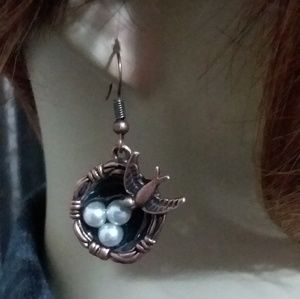 Robins Egg NEST FULL of pearls. Bronzed copper